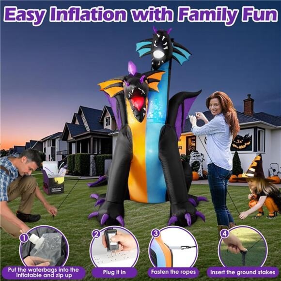 Halloween Inflatable 7 FT Tall Giant 2 Headed Dragon Built-in Flashing LEDs - Picture 4 of 5